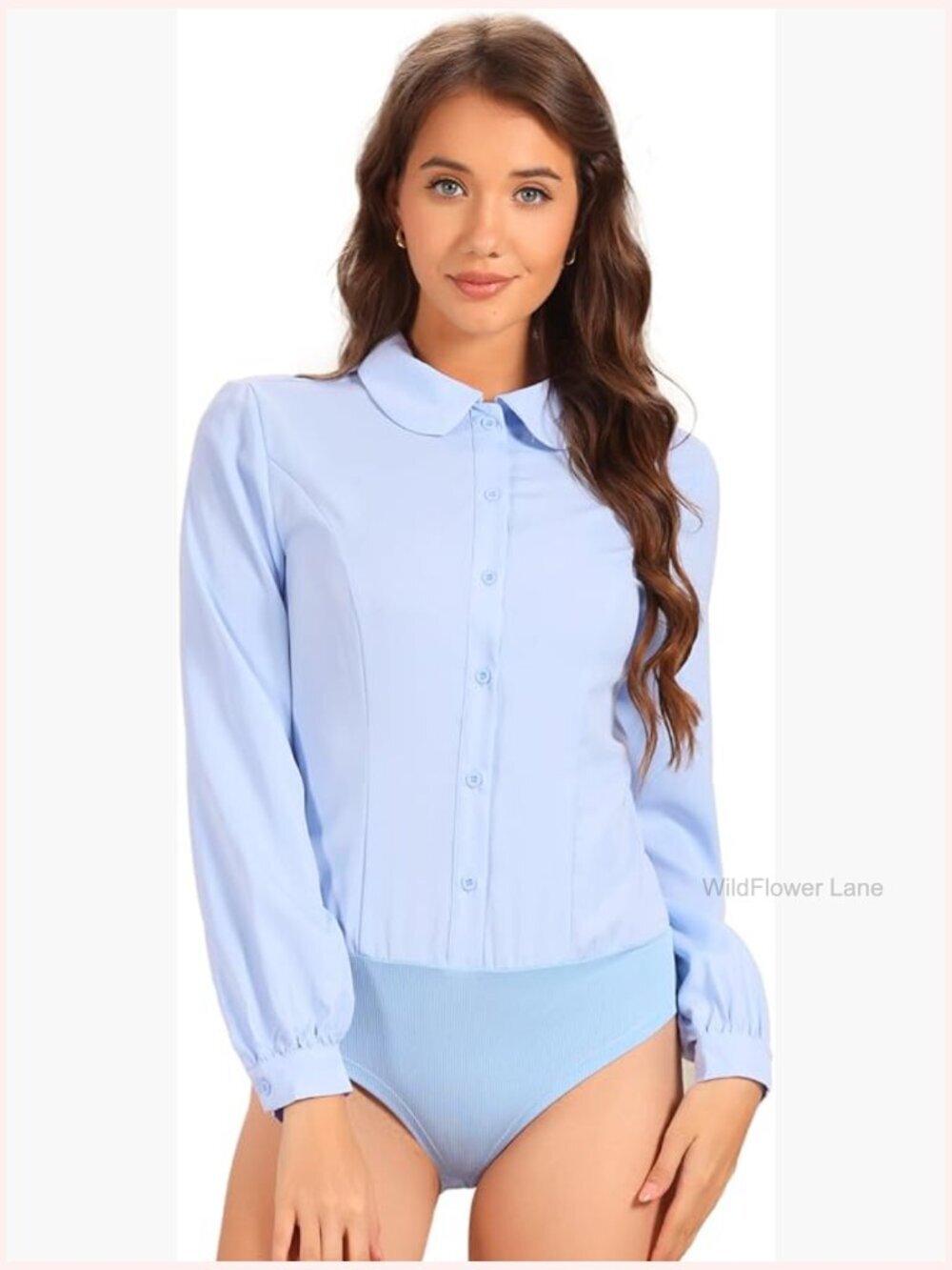 Long Sleeve Button Up Bodysuit Blouse Peter Pan Collar Work